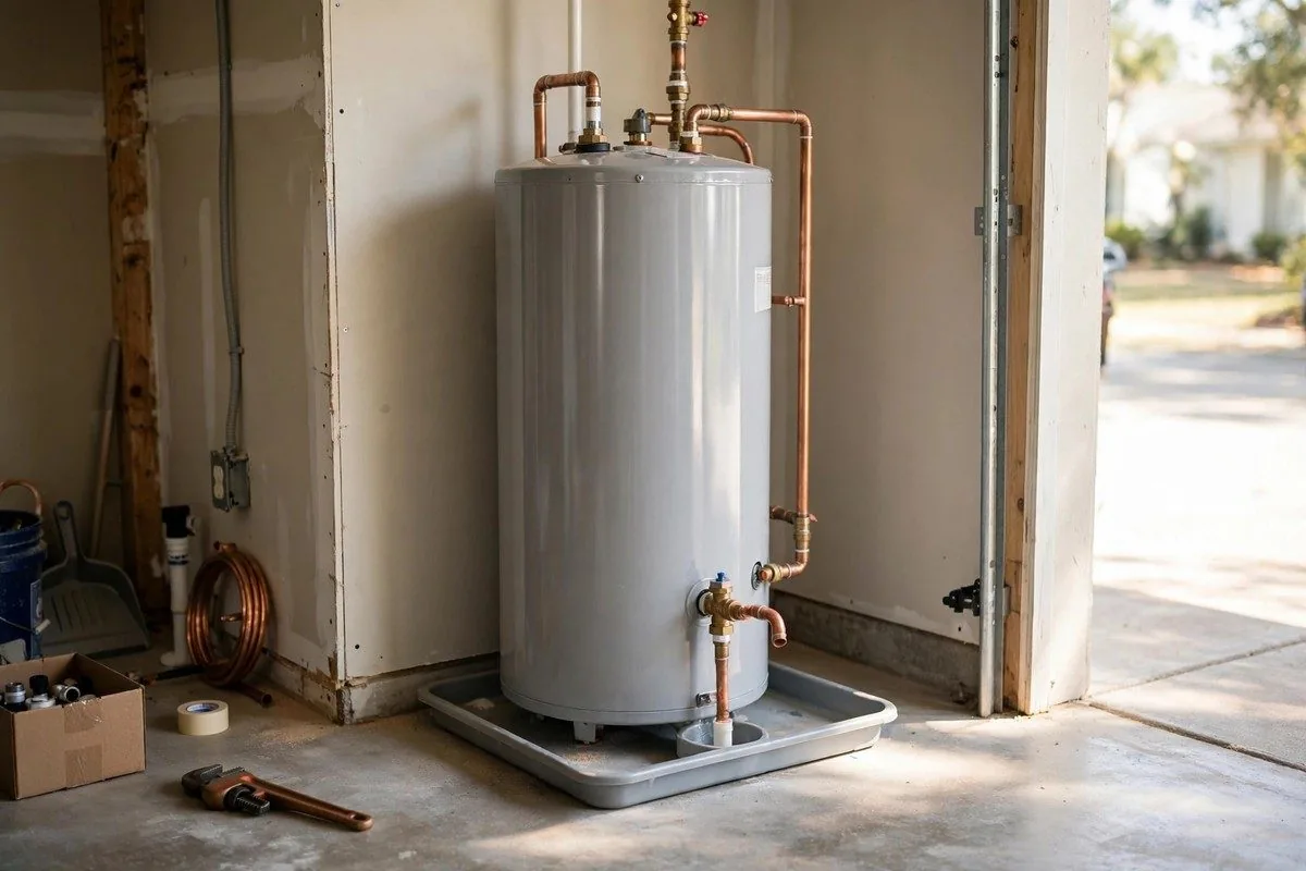 Tank water heater in a home alcove with a drain pan