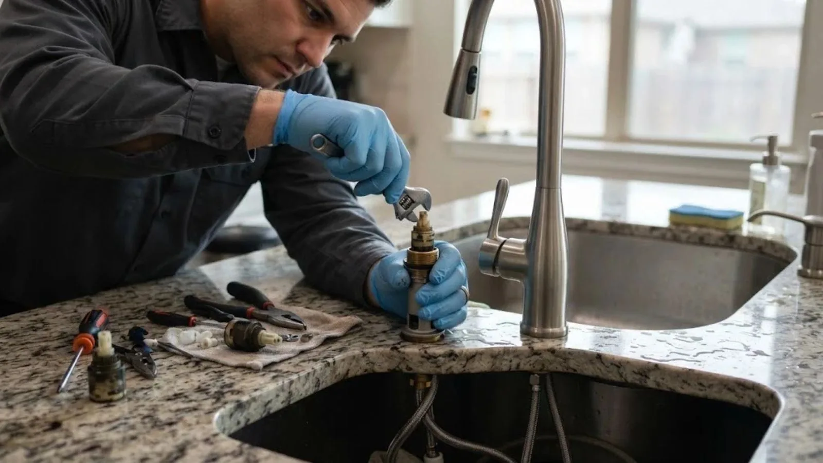 Plumber repairing a kitchen faucet at the sink