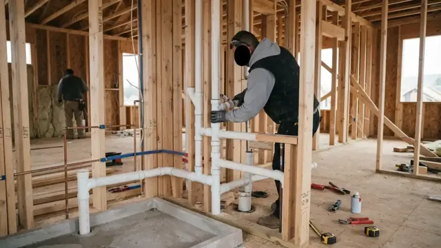 Plumber roughing in drain and supply pipes in a framed building