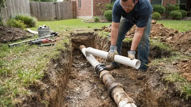Plumber setting new PVC pipe in an excavated sewer trench