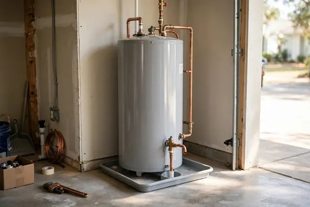 Tank water heater in a home alcove with a drain pan
