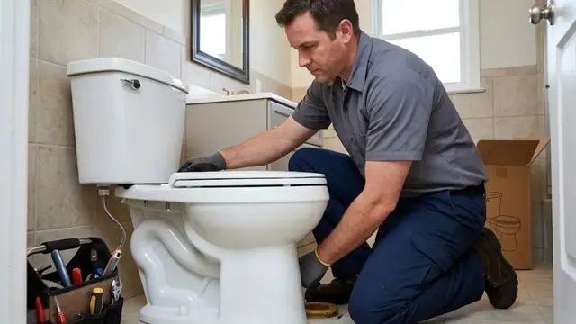 Plumber replacing a toilet in a bathroom