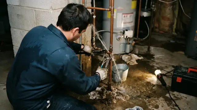 Technician repairing a burst pipe spraying water in a basement