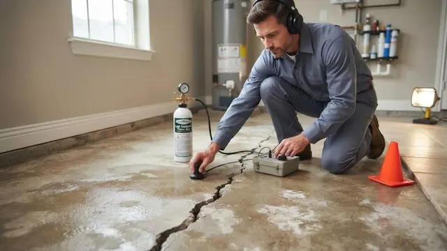 Technician using listening equipment to find a slab leak on a cracked floor