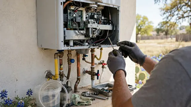 Technician servicing a wall-mounted tankless water heater