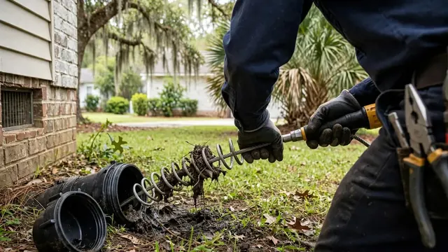 Technician clearing an outdoor sewer cleanout with a cable machine