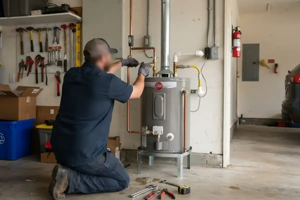 Plumber installing a tank water heater in a garage